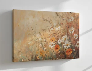 Marguerite fleurs automne champ de prairie peinture vintage impression sur toile art mural - Photo 1/8