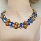 Vintage 2 strand necklace Blue Faceted Bead and Gold Tone Beads Adjustable Lengt