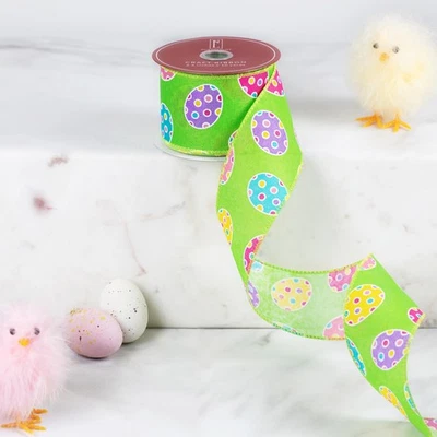 Northlight Green Easter Egg Design Wired Spring Craft Ribbon 2.5" x 10 Yards - Image 1 of 4