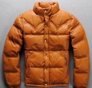 Men's Brown Puffer Jacket Genuine Leather Lambskin Quilted Down Puffer Jacket - Picture 1 of 7