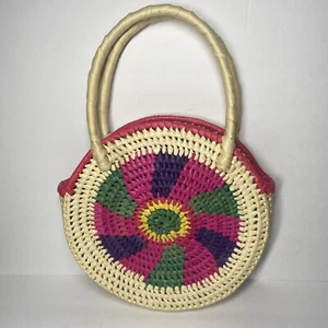 Vintage Woven Round Rainbow Colorful Rattan Straw Purse Hand Bag Boho Beachy - Picture 1 of 8