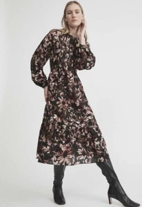 WITCHERY Size 14 Floral Pintuck Detail Long-Sleeved Midi DRESS Linen/Lyocell - Picture 1 of 12