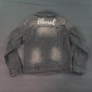 Emma & Elsa Girls Jacket Black Denim Blessed Embroidered 7/8S Button - Picture 1 of 5