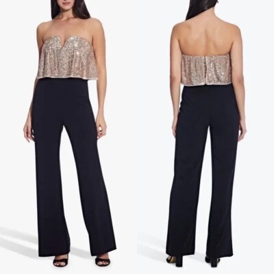 NUEVO Adrianna Papell NEGRO Y ROSA LENTEJUELAS DORADAS POPOVER CREPÉ MONO DE NOCHE 12 Foto 1 de 4