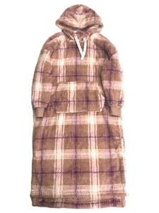 Womens Soft Plush Brown & Pink Plaid Chemise Hoodie Nightgown Night Gown - Picture 1 of 2