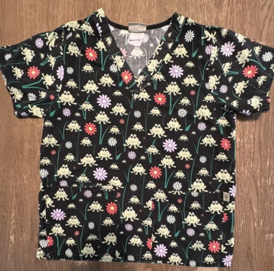Tafford Scrubs Top Frogs Flowers Pockets V Neck Size Small - Image 1 of 4