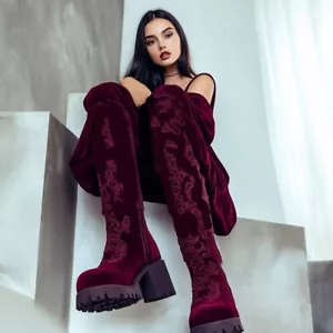 Wild Diva Maroon Faux Suede Vivica Over The Knee Boots 8.5 Hand-Embroidered - Picture 1 of 8