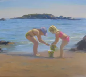 Steven Jones (Welsh) - Original Oil Painting - Girls on the Beach. - Picture 1 of 6