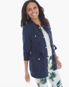 Chicos Indigo Utility Jacket Soft Denim Women Sz 1 M 8/10 100% Linen Blue - Picture 1 of 9