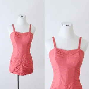 Vintage 1950s Size XS Sweetheart Draped Sheath One Piece Bathing Suit Coral Pink - Picture 1 of 10