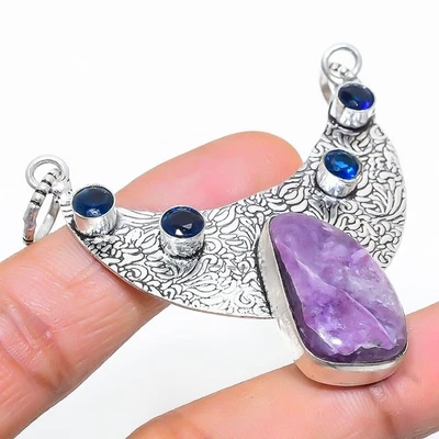 Ciondolo gioiello in argento sterling 925 con pietra preziosa topazio blu rus... - Immagine 1 di 4