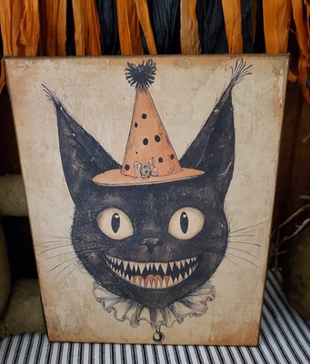RETRO FOLK STEAMPUNK GOTHIC PRIMITIVE VINTAGE STYLE HALLOWEEN WITCH CAT  SIGN - Image 1 of 4