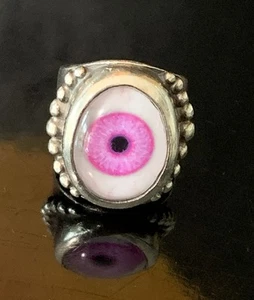 Rare Great Frog of London 'Bowie' Pink Prosthetic Glass Eye Sterling Silver Ring - Picture 1 of 16