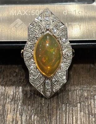 14k Two Tone Vintage Antique Art Deco Fire Opal And Diamond Ring, Size 6 - Image 1 of 4