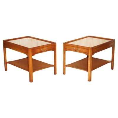 PAIR OF STUNNING LONG TWO TIERED SIDE TABLES WITH LARGE DRAWERS & FAUX TO BACK - Image 1 of 4