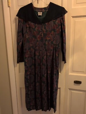 Vestido Midi Vintage Laura Ashley Talla 12 Lana Algodón Paisley Plisado Cuello Transparente Foto 1 de 4