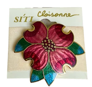 Beautiful Vintage Cloisonné Flower Brooch Gold Tone Floral Enamel Pin 1 3/4” - Picture 1 of 4