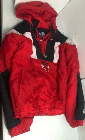Vintage 90s Starter Chicago Bulls Pullover Hooded 1/2 Zip Jacket XL Jordan Logo Cover