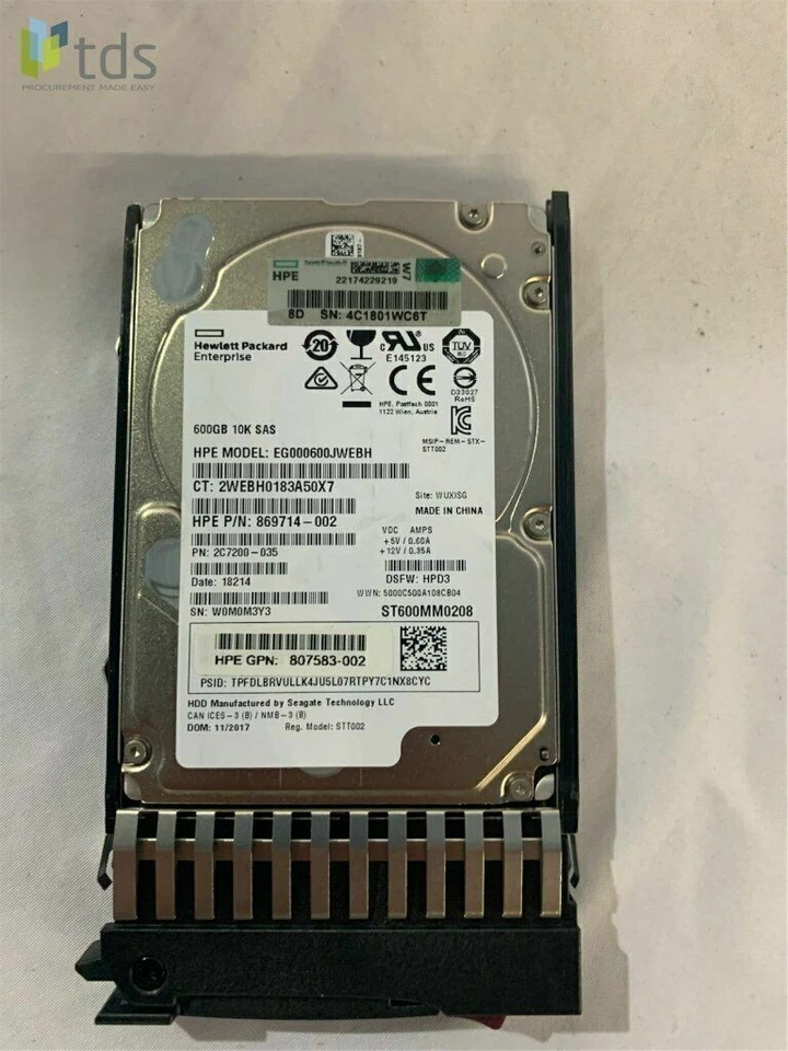 869714-002 807583-002 2C7200-035 ST600MM0208 J9F46A For HPE 600GB 10k 2.5" HDD - Image 1 of 1
