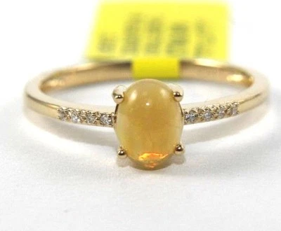 Anel solitário oval natural opala pedra preciosa e diamante ouro amarelo 14k 0,53 ct - Imagem 1 de 3