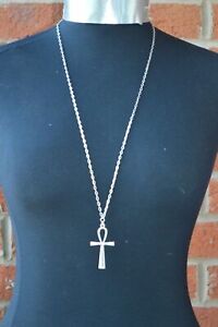  A Large Egyptian Ankh Cross Charm Pendant 54mm x 27mm,  30" Long Chain Necklace