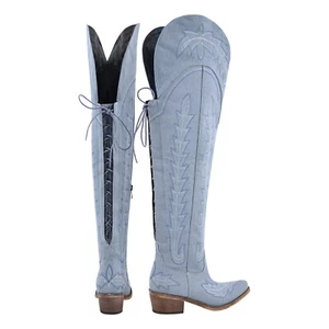 Womens Denim Cowboy Boots Block Heel Pointy Toe Riding Biker Over the Knee Boots - Picture 1 of 14