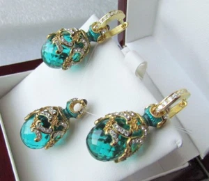 AQUAMARINE EARRINGS & PENDANT SET HANDMADE RUSSIAN SOLID STERLING SILVER 925 - Picture 1 of 8