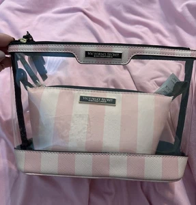 NWT VICTORIA'S SECRET 2-Piece Makeup Bag Pink Stripes 1 Clear, 1 Quilted - Picture 1 of 7