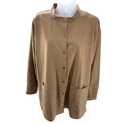 Chaqueta Blazer Eileen Fisher 100% Lana Tostado Botón Frontal Sin Cuello Mediana Foto 1 de 4