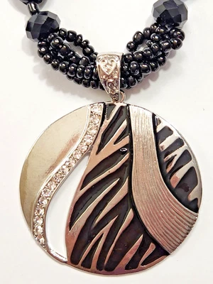 Erica Lyons Chunky Pendant Necklace Zebra Stripes Black White Silvertone Safari - Image 1 of 4