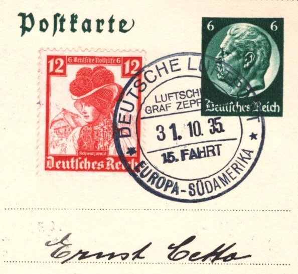 GERMANY Hindenburg 6p Card GRAF ZEPPELIN 1935 *15.SÜDAMERIKAFAHRT* Flight KZ209 - Image 1 of 4