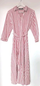 Damen Zara Midikleid Baumwolle rot weiß gestreift Shirt Button Down 3/4 Arm L - Bild 1 von 6