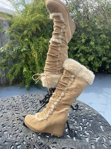 WOMEN'S Breckelles LIGHT TAN FAUX FUR Calf BOOTS, 7.5, ZIP, LACE UP - Picture 1 of 12