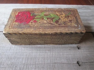 Vintage antike Holz Schmuckschatulle gestempelt Engel Rose Relief - Bild 1 von 10