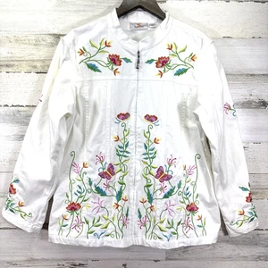 Quacker Factory White Floral Embroidered Beaded Band Collar Full Zip Jacket Sz L - Picture 1 of 12