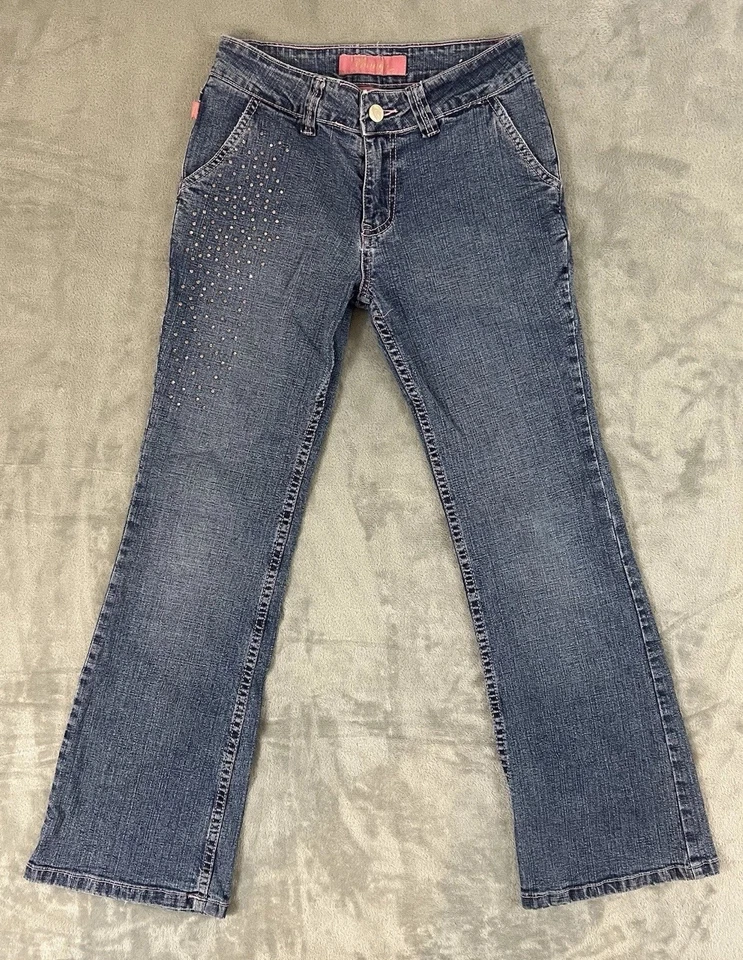 Pantalones de mezclilla Bongo de colección para mujeres niñas talla 12 pierna acampanada Y2K años 90 piedras campana parte inferior Foto 1 de 4
