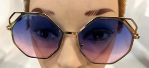 Goldtone Six Sidded Geometric Shape Sun Glasses - Pink Blue Lenses - Picture 1 of 2