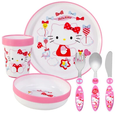Hello Kitty Set di posate per bambini 6 pezzi piatto/ciotola/tazza/coltello/forchetta/cucchiaio - Immagine 1 di 4