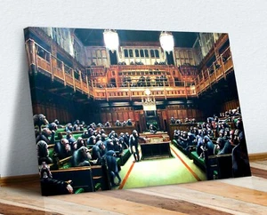 MONKEY CHIMP PARLIAMENT CANVAS WALL ART PRINT ARTWORK HOUSE OF COMMONS BANKSY - Picture 1 of 4