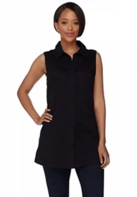 Blusa sin mangas Dennis Basso bordada de algodón con botones delanteros negra A278224 QVC Foto 1 de 4