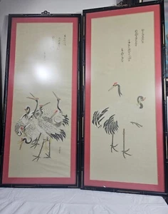 Japanese Silk Scroll Paintings as Framed Panels, a Pair 1930s Shōwa Era - Picture 1 of 11