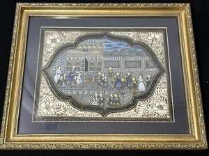 India Persian Mughal Silk Art Painting Palace Courtyard Blue Gold Mughul Mugul - Picture 1 of 22