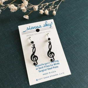 Sienna Sky Earrings Black Treble Clef Music Note Sterling Silver Hook Cute Gift - Picture 1 of 3