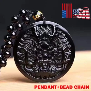 Natural Black Obsidian Hand Carved Dragon Head Lucky Amulet Pendant Necklace - Picture 1 of 9