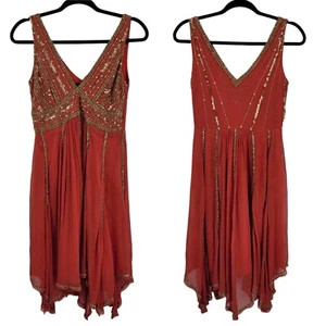 Vintage Adrianna Womens Mini Dress 4 Coral Silk Beaded SharkBite Hem Bollywood - Picture 1 of 11