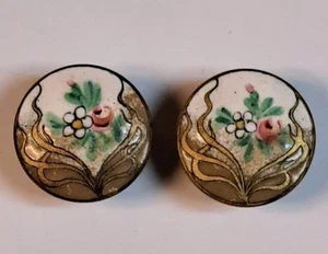 Antique Victorian Hand Painted Enamel Button Screw Back Earrings Flowers Leaves - Bild 1 von 3