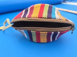 Asian Zip Pouch Coin Purse Wristlet Colorful Stripped Clam Shaped Brown Bottom - Picture 1 of 10