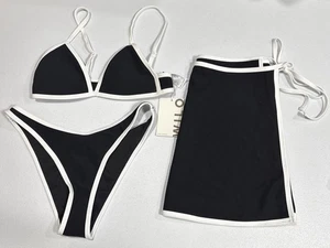 Wilo The Label 3 Pc. Bikini Set Top & Bottom With Skirt Cover Up Womens S Black - Picture 1 of 16