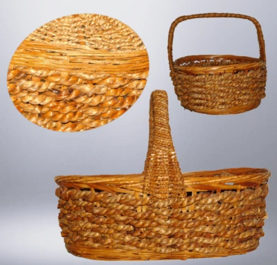 CESTA NANTUCKET PRIMITIVA ANTIGUA DE ROBLE CON MANGO DE FÉRULA NALGAS Foto 1 de 4