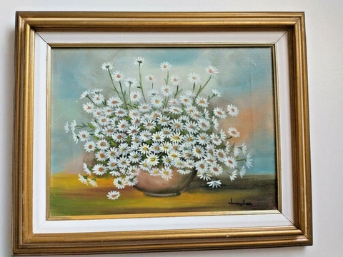 Nancy Lee Mid Century Framed Oil On Canvas Flowers Daisies Signed Painting 21x17 Cover